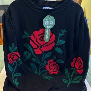 Oxknit Sweater with Red Rose Design Size 2XL